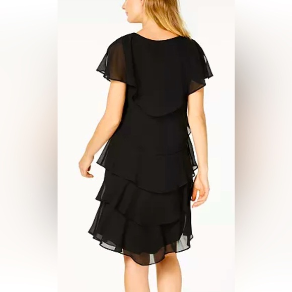 Women’s Formal Dress SLNY Black Tier Short Sheer Caped overlay Flow Gown - Picture 4 of 6